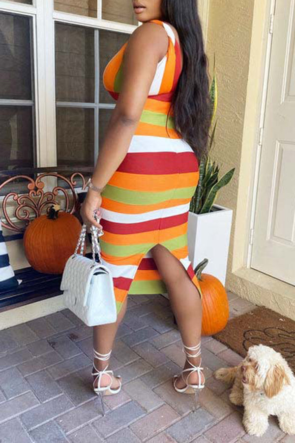 Multi Striped Ribbed Sleeveless Midi Dress  Fashionpara