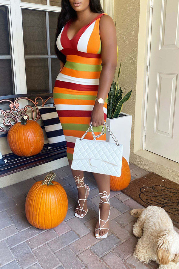 Multi Striped Ribbed Sleeveless Midi Dress  Fashionpara