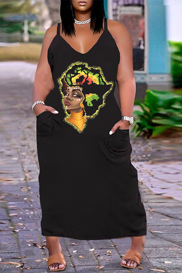 Plus Size V-neck Straps Pocket Printed Maxi Dress  Fashionpara