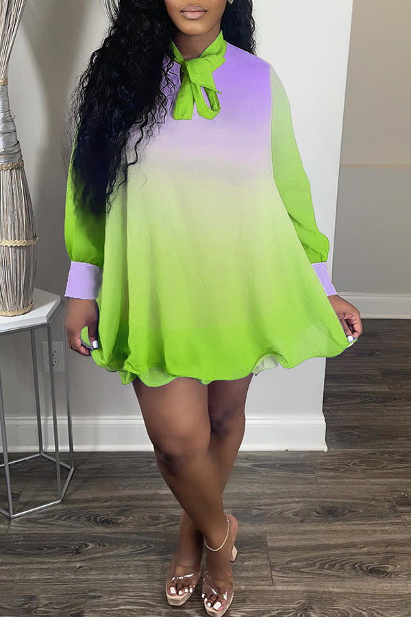 Gradient Bow Tie Neck Chiffon Plus Size Mini Dress  Fashionpara