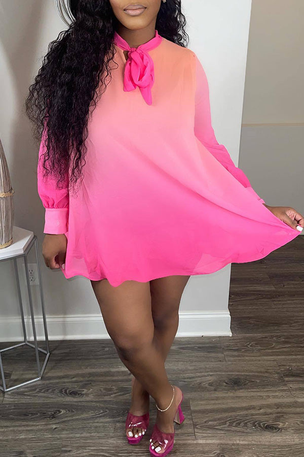 Gradient Bow Tie Neck Chiffon Plus Size Mini Dress  Fashionpara