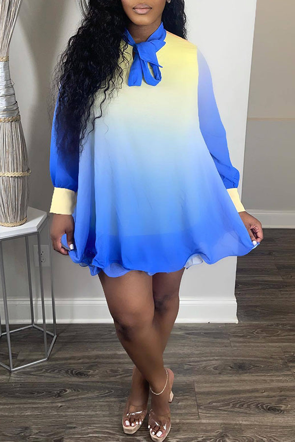 Gradient Bow Tie Neck Chiffon Plus Size Mini Dress  Fashionpara