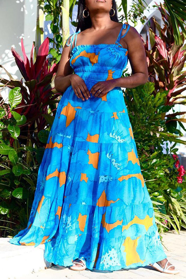 Tie Straps Smocked Printed Maxi Dress  Fashionpara