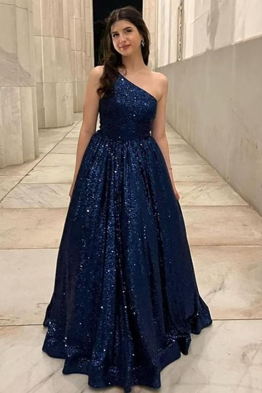 Sparkly One Shoulder Sequin Navy Blue Ball Gown Long Evening Dress Birthday Outfits D1331