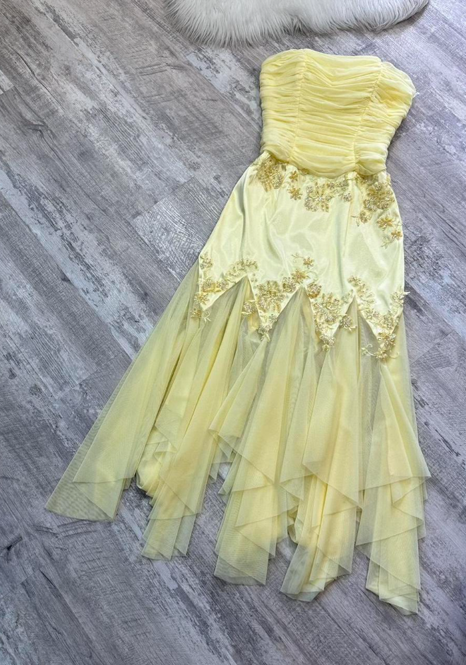 Elegant Strapless Yellow Chiffon Satin Beaded Mermaid Evening Dress Birthday Party Dress D1317