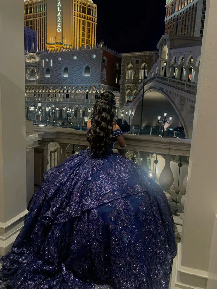 Vintage Navy Blue Ball Gown Off The Shoulder Tulle Lace Sequin Formal Quinceanera Dress D1632