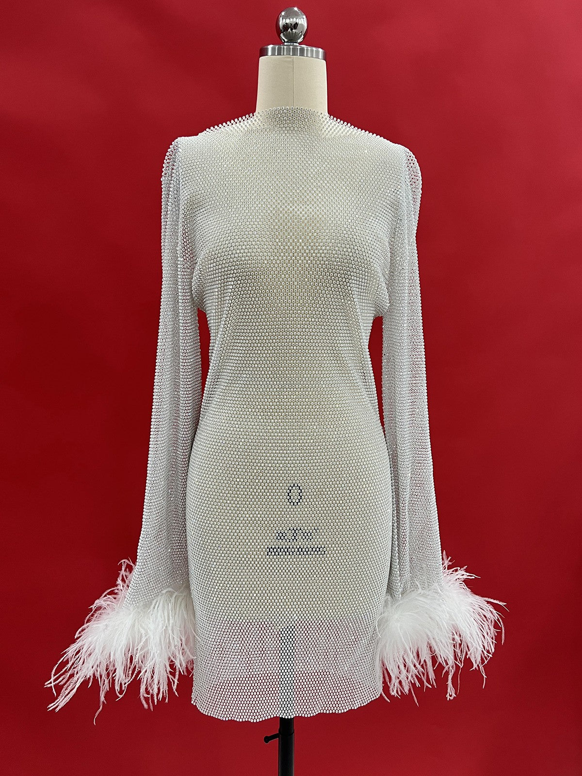 Xanthe Rhinestone Mesh Mini Dress In White - View 7