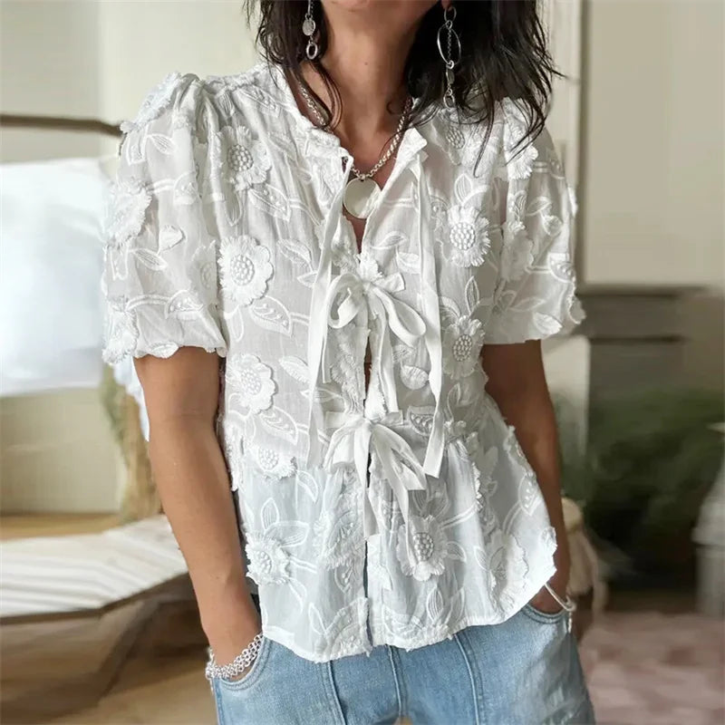 Floral Embroidery Puff Short Sleeve Blouse