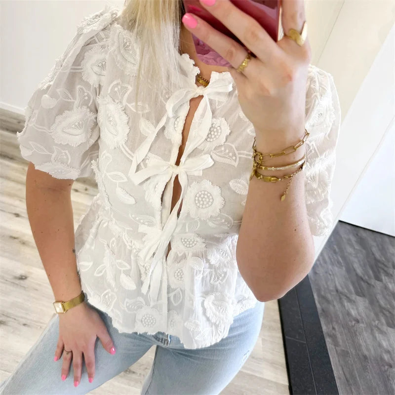 Floral Embroidery Puff Short Sleeve Blouse