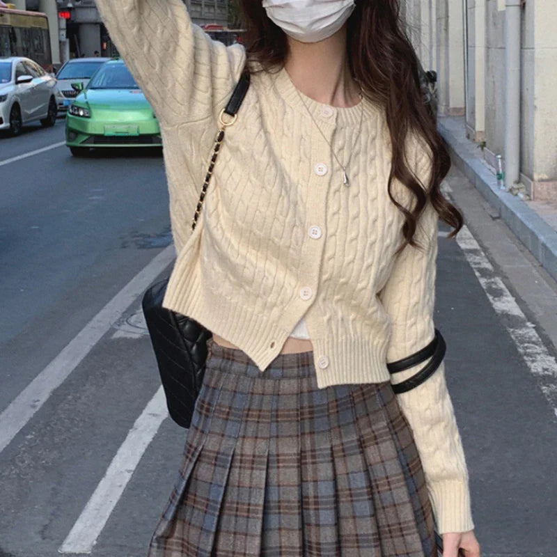 Solid Round Neck Single Breasted 2000s Style Knit Cardigan