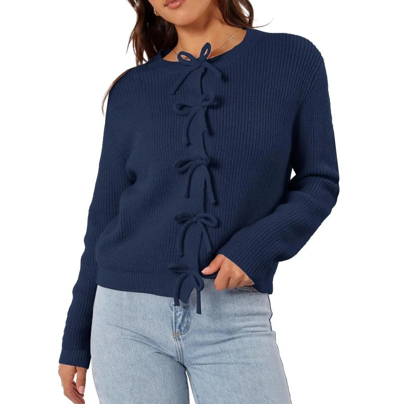 Y2K Bow Front Round Neck Cardigan Dark Blue / S Cardigan-241208