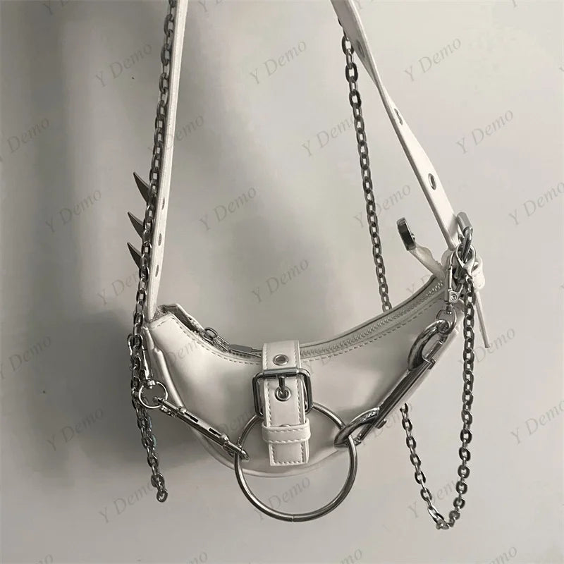 Punk Rivets Gothic Rock Metal Buckles Sparks Crossbody Shoulder Bag White Halloween