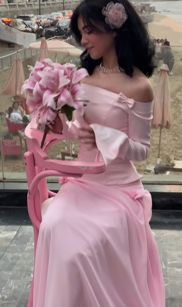 Sweet Two Piece Off The Shoulder Pink Satin Chiffon Mermaid Prom Dress Formal Party Dress D957