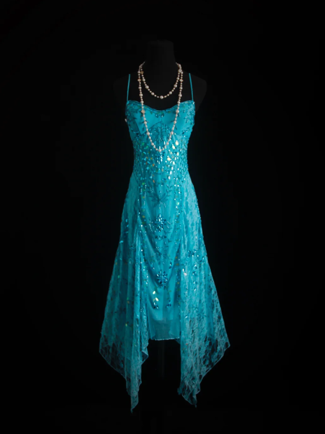 Sparkly Spaghetti Straps Blue Lace Beaded Mermaid Long Party Dress Birthday Prom Dresses D1664