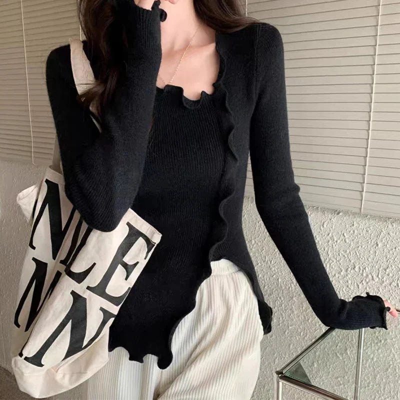 Aesthetic Irregular Ruffles Knit Crop Solid Long Sleeve Knit Top - Fashionpara