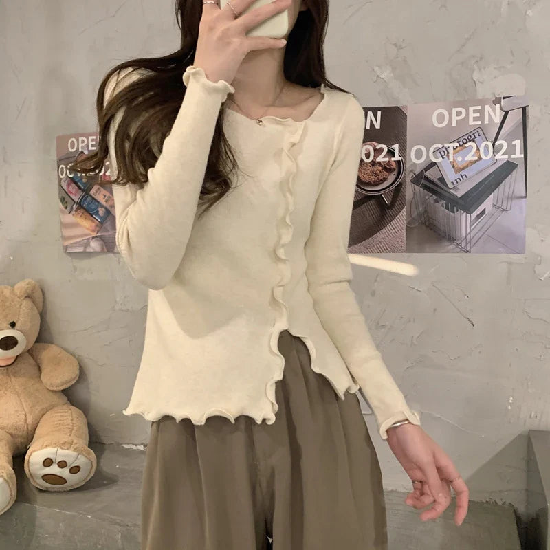 Aesthetic Irregular Ruffles Knit Crop Solid Long Sleeve Knit Top - Fashionpara