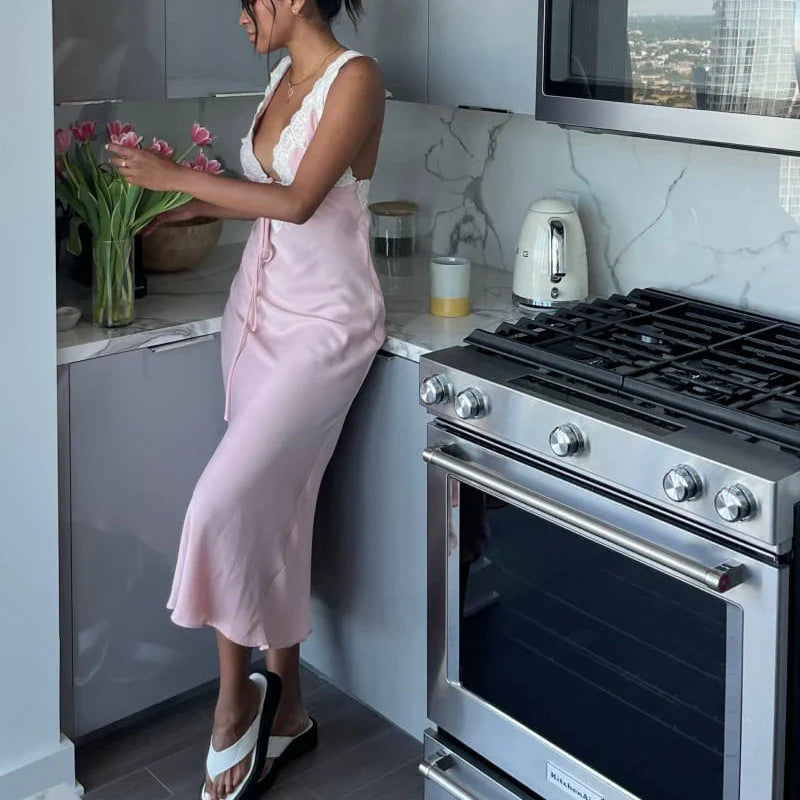 Y2K Lace Trim Long Vacation Dress