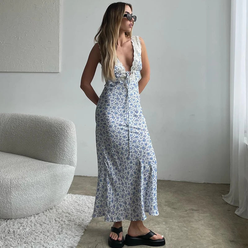 Y2K Lace Trim Long Vacation Dress