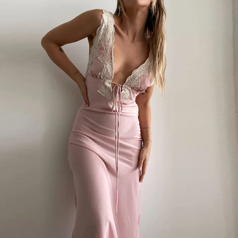 Y2K Lace Trim Long Vacation Dress