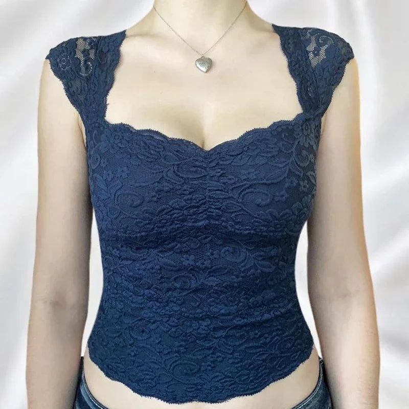 Blue Floral Lace Milkmaid Y2K Crop Top