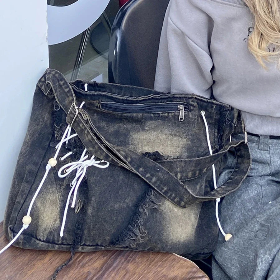 Vintage Aesthetic Korean Hobo Denim Tote Bag - Fashionpara