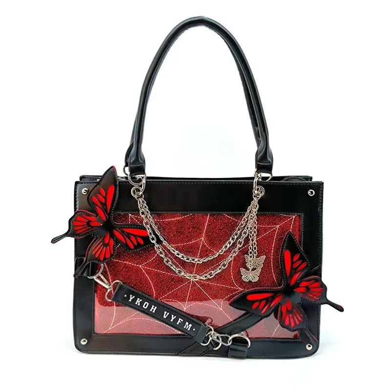 Y2K Labyrinth Butterfly Spider Web Letter Diy Transparent Fashion Bag Black Red / 35X25X10.5Cm