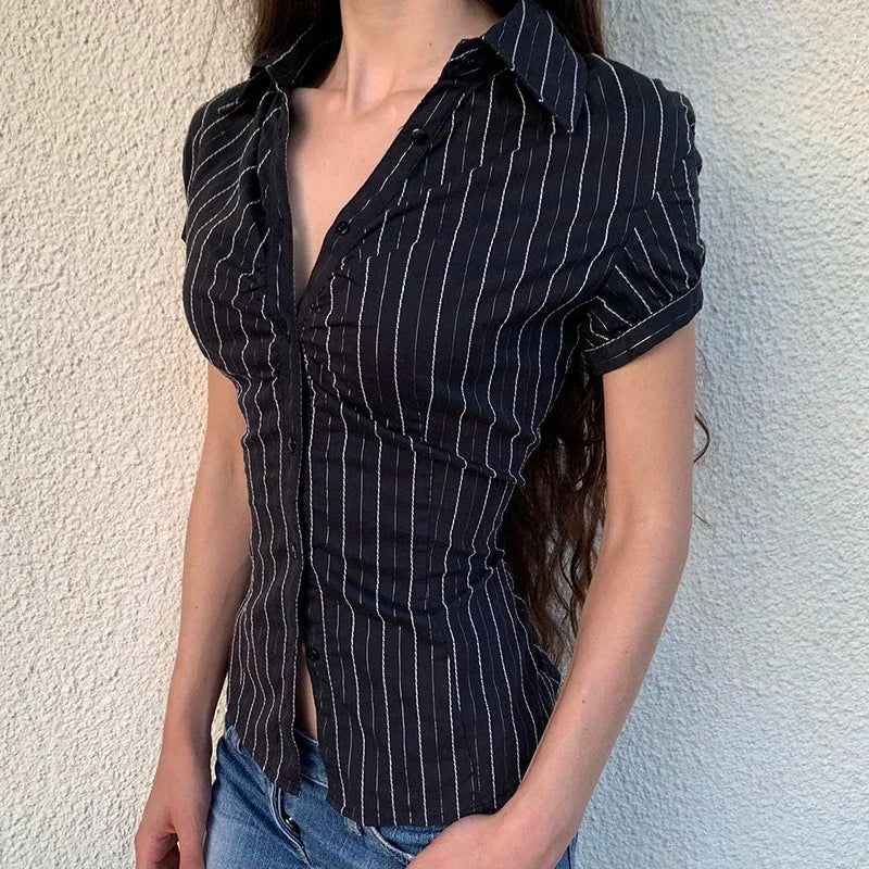 Striped Button-Up Collar Blouse