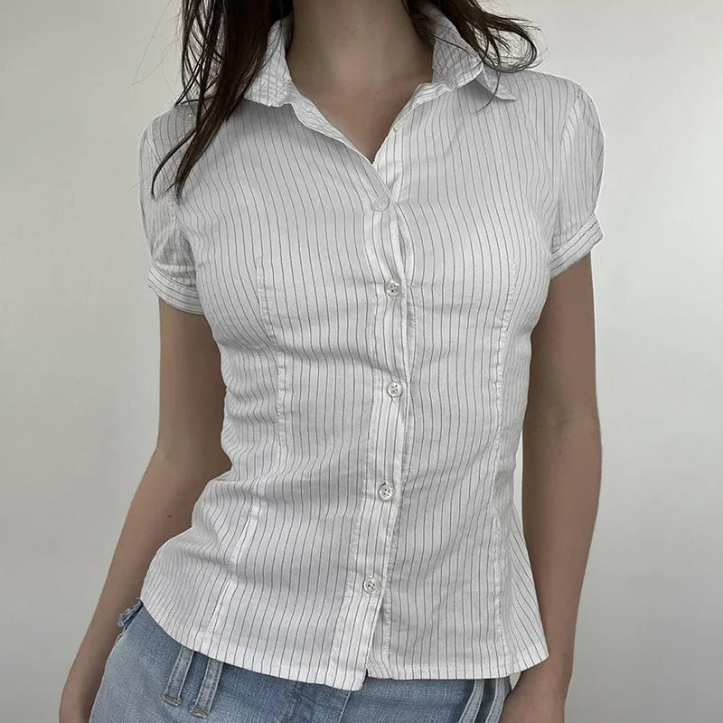 Striped Button-Up Collar Blouse