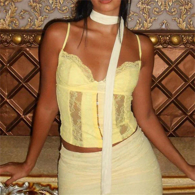 Y2K V-neck Bustier Vintage Lace Trim Backless Slim Fit Camisole Crop Top