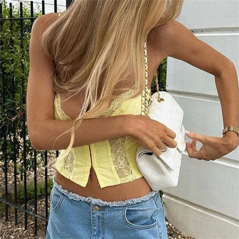 Y2K V-neck Bustier Vintage Lace Trim Backless Slim Fit Camisole Crop Top
