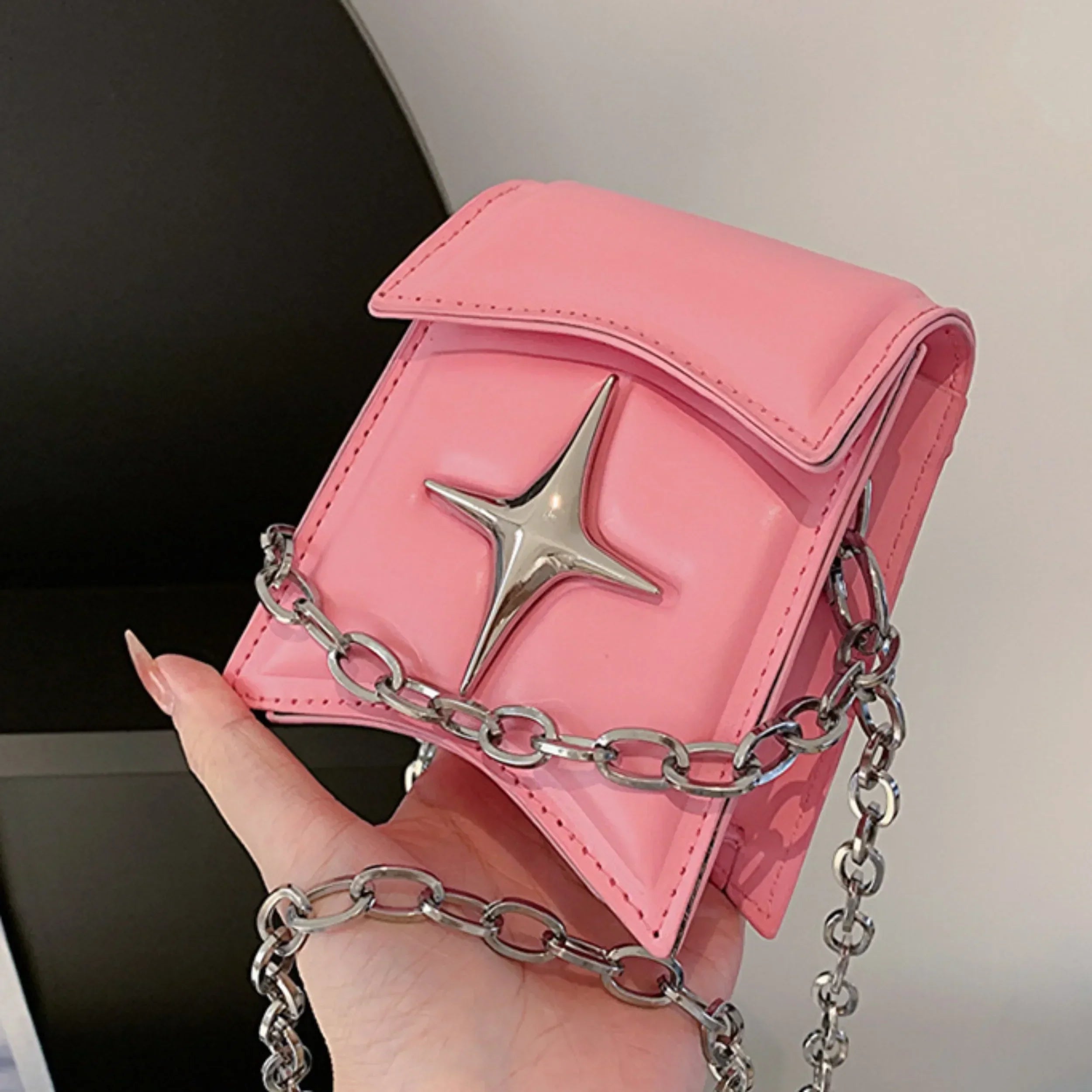 Y2K Vintage Korean Small Chain Pink Pu Leather Gothic Cross Bag Halloween
