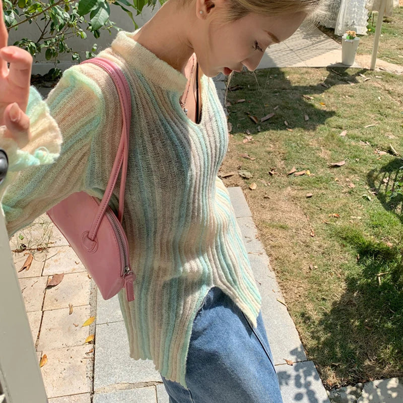 Y2K Vintage Long Sleeve Vertical Stripe Print Knit Top