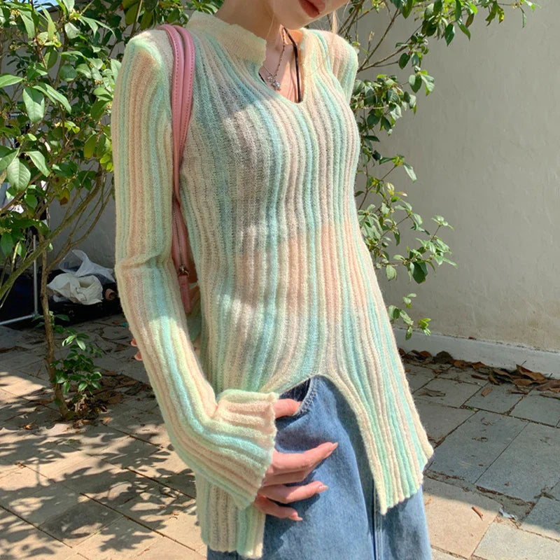 Y2K Vintage Long Sleeve Vertical Stripe Print Knit Top
