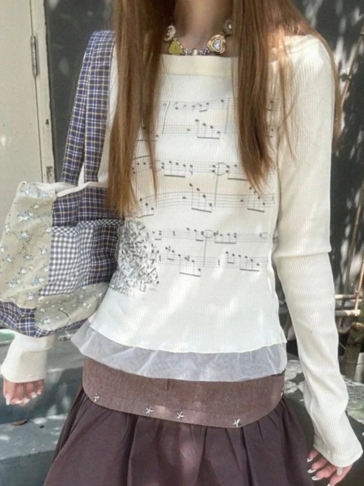 Aesthetic Slim Fit All Match Grunge Lace Patch Knit Top - Fashionpara