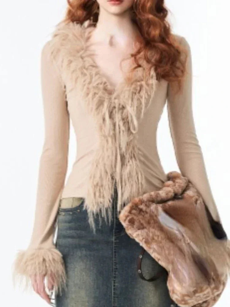 Bandage Fur Patchwork V-Neck Cardigan