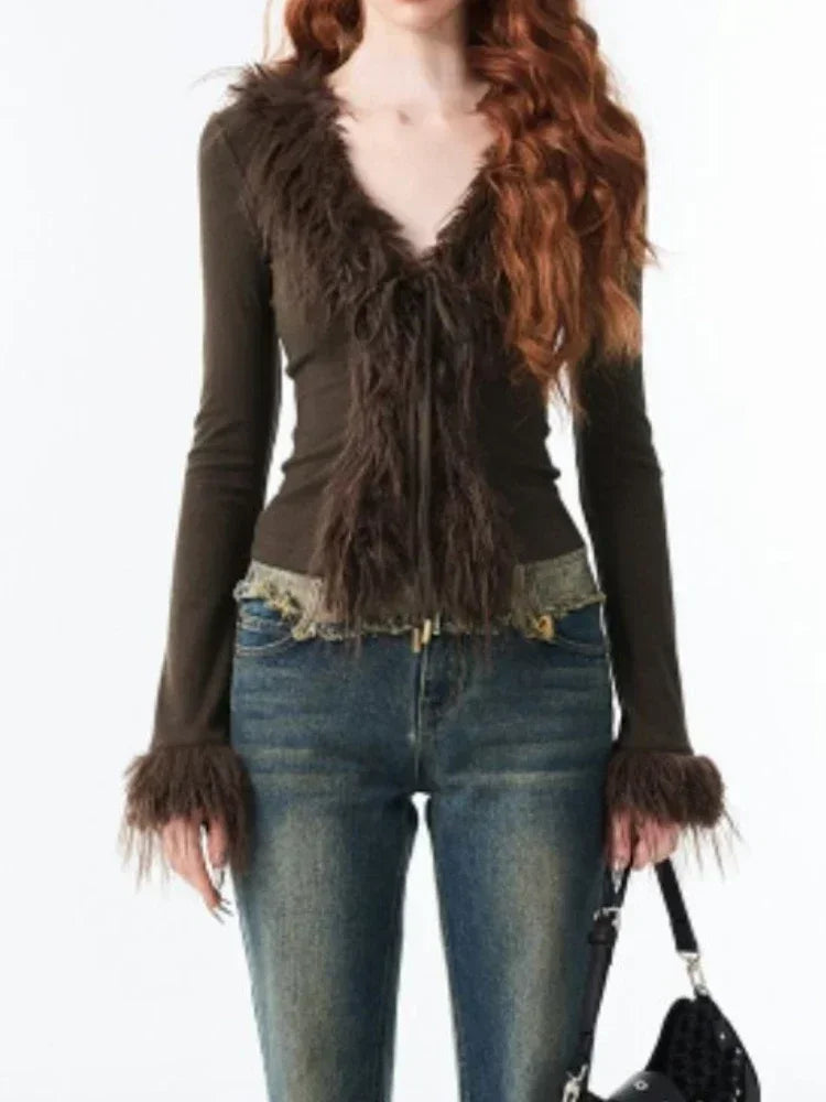 Bandage Fur Patchwork V-Neck Cardigan