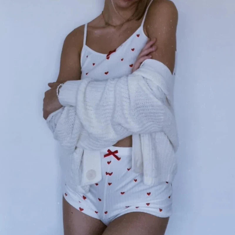 Heart Print Bow Trim Spaghetti Strap Camis Elastic Shorts Two Pieces Set