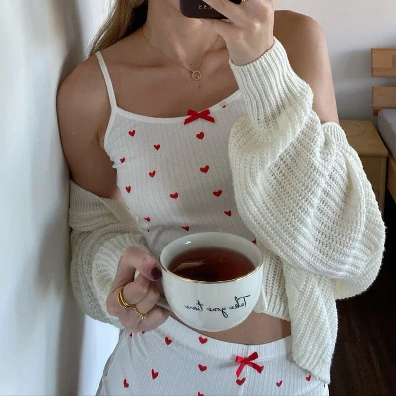 Heart Print Bow Trim Spaghetti Strap Camis Elastic Shorts Two Pieces Set