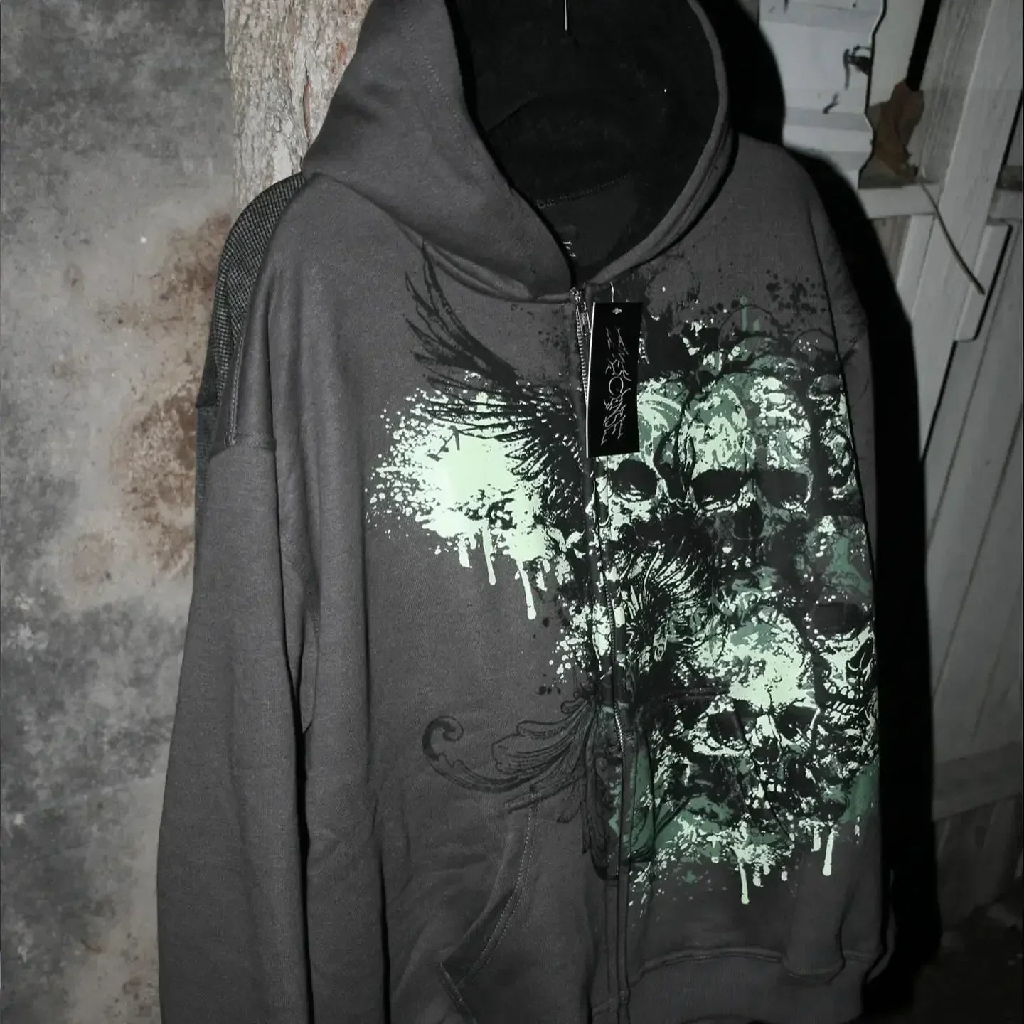 Skull Print Zipper Casual Hoodie
