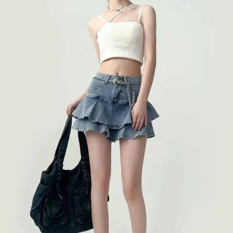 Ruffled Micro Denim School Skirt