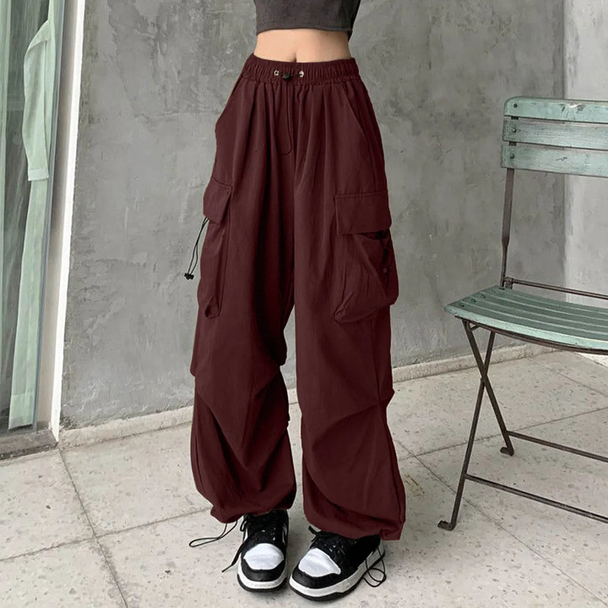 Y2K Cargo Drawstring Pleated Wide Pants red 2 / S