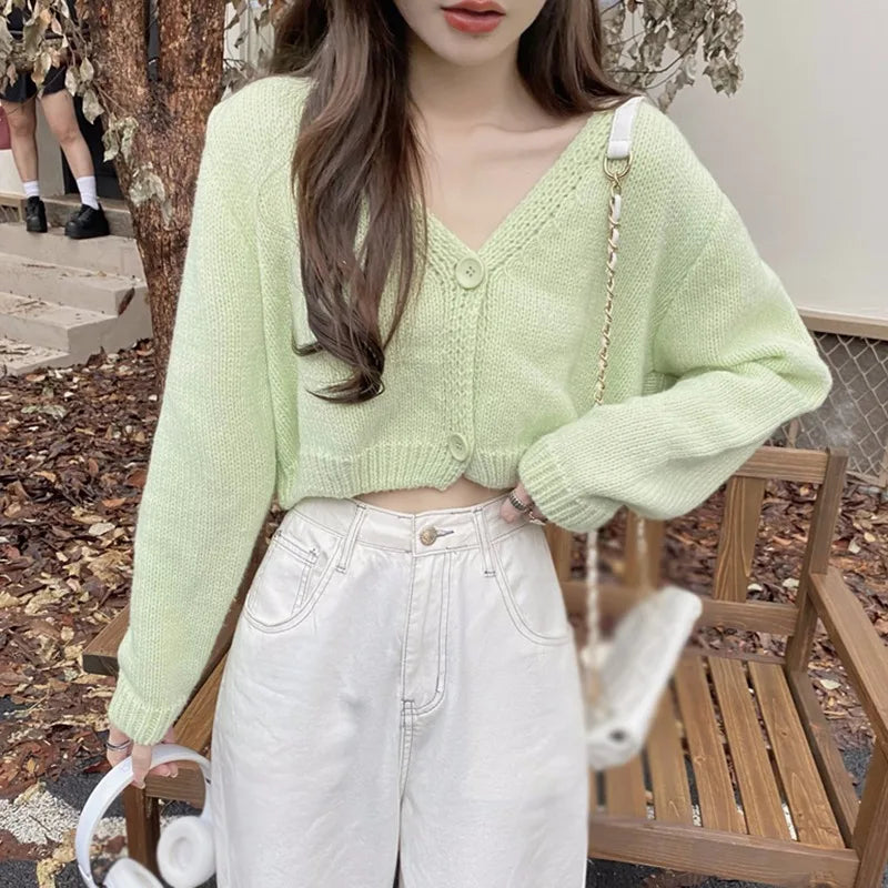 Knitted Cropped Korean V-Neck Y2K Cardigan