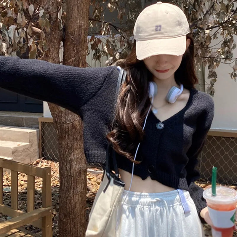 Knitted Cropped Korean V-Neck Y2K Cardigan