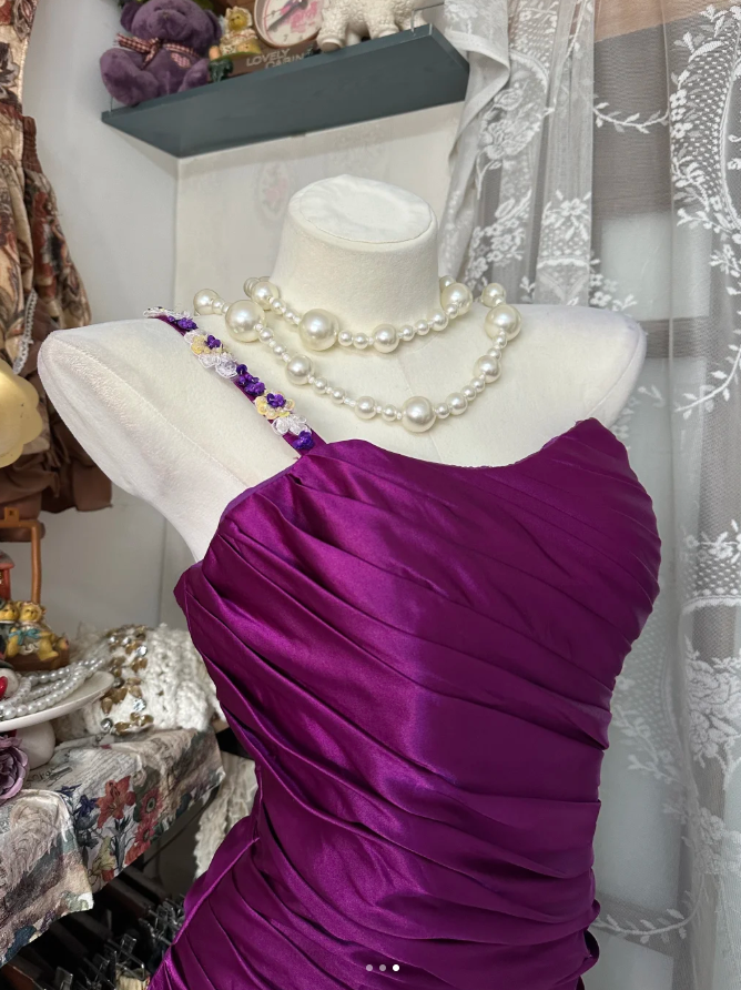 Vintage One Shoulder Hot Pink Satin Pleated Mermaid Evening Dress Long Birthday Party Dress D1244