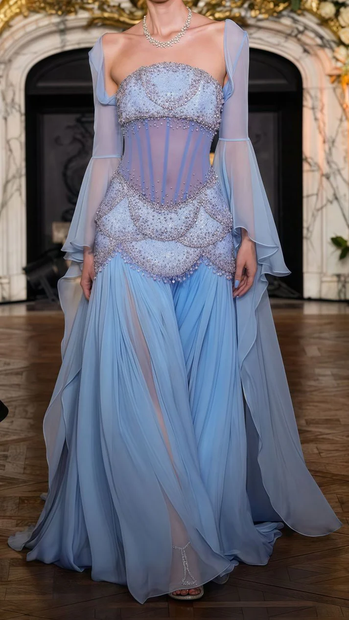 Sexy A Line Off The Shoulder Maxi Long Party Light Blue Chiffon Prom Dresses Evening Dress SD2383
