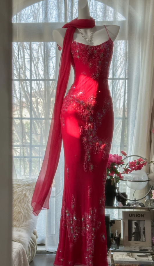 Pretty Red Spaghetti Straps Chiffon Beaded Mermaid Evening Dress Long Birthday Party Dress Prom Gown D1789