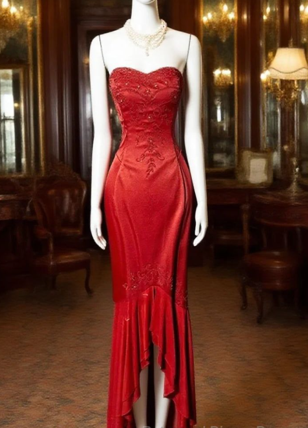 Stylish Strapless Red Satin Beaded Mermaid Long Wedding Guest Dress Formal Birthday Party Dress Prom Gown D1566