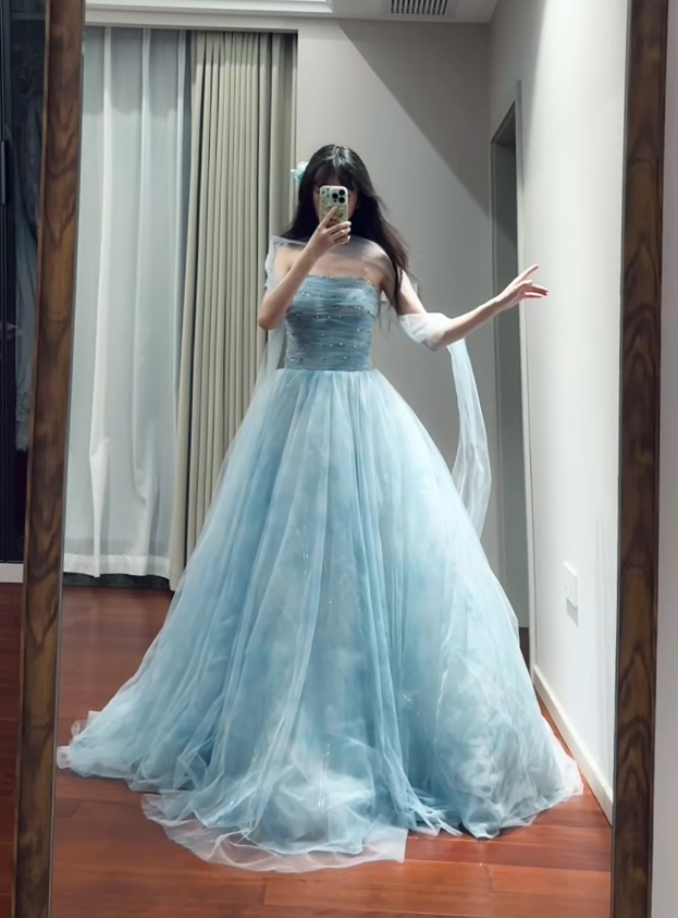 Classy Blue Strapless Tulle Beaded Long Party Dress Birthday Prom Dresses D1696