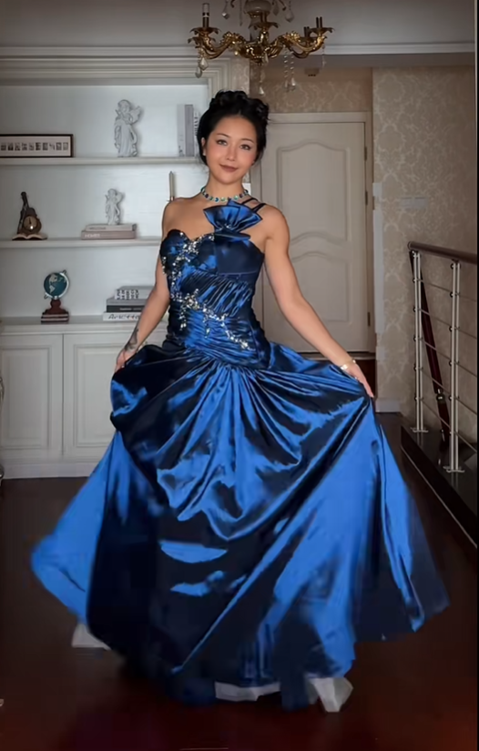 Elegant Spaghetti Straps Navy Blue Satin Pleated Beaded Long Party Dress Prom Gown D1159