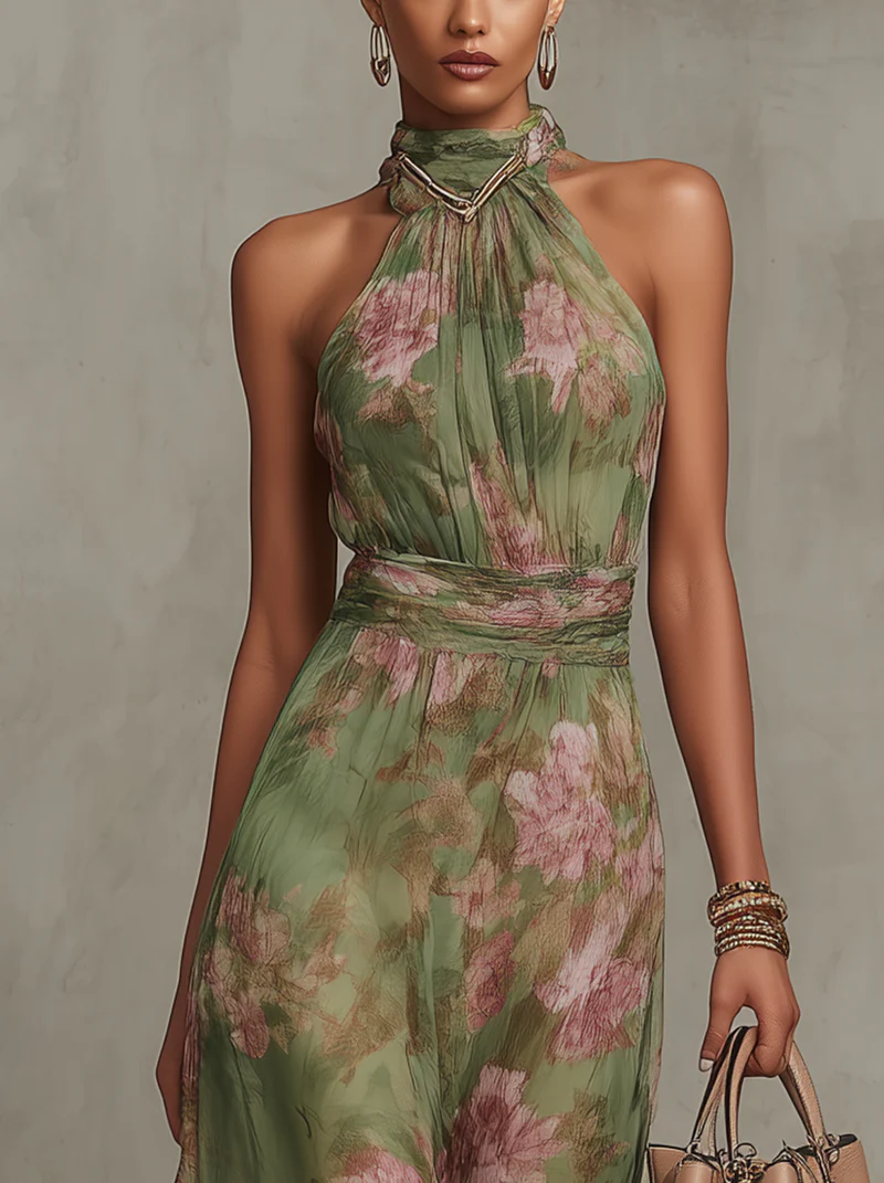Floral Halter Neck Ruched Chiffon Maxi Dress 5